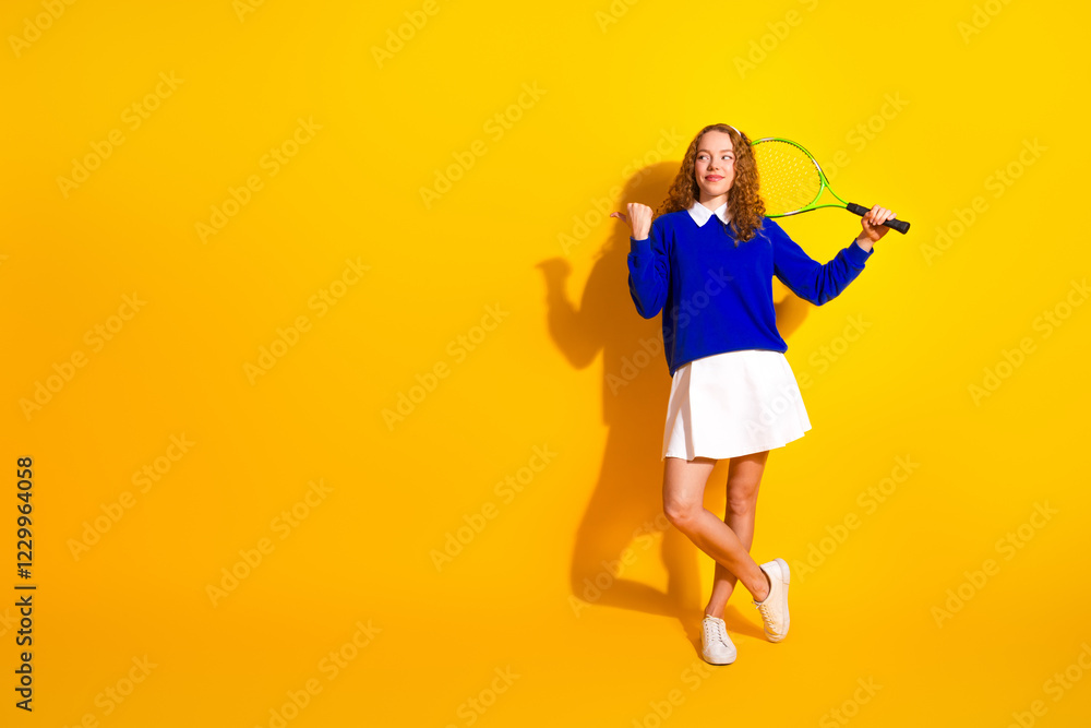 Young woman holding a tennis racket against a vibrant yellow backdrop wearing a blue sweatshirt and white skirt Young woman holding a tennis racket against a vibrant yellow backdrop wearing a blue sweatshirt and white skirt