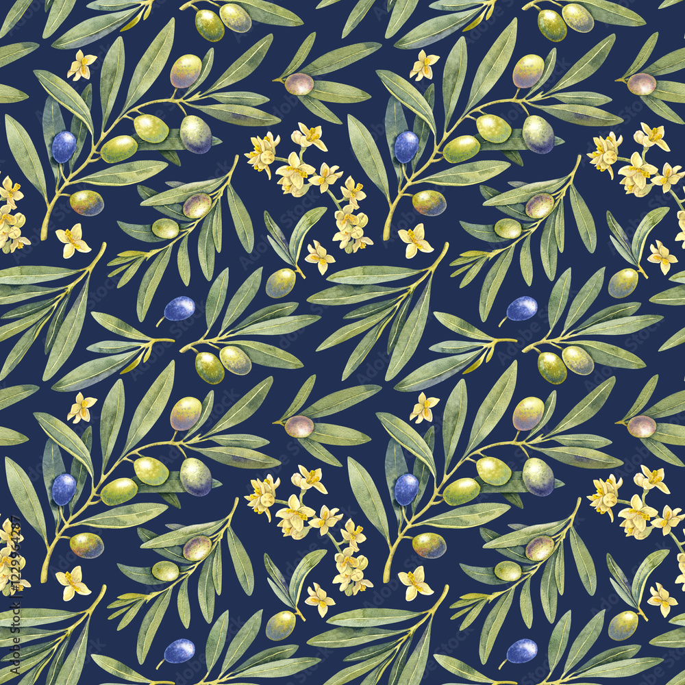 Seamless pattern watercolor green blue olive fruit branch. Hand painted floral illustration, tree branches, flowers bloom, leaves blue background. Drawings food. Edible foliage. For menu, wrapping Seamless pattern watercolor green blue olive fruit branch. Hand painted floral illustration, tree branches, flowers bloom, leaves blue background. Drawings food. Edible foliage. For menu, wrapping