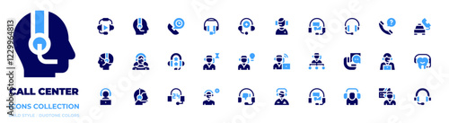 Call center icon collection. Bold style. Duotone colors. headphone, discussion, hours support, headphones, headset, customer service, question, medical support, telemarketer