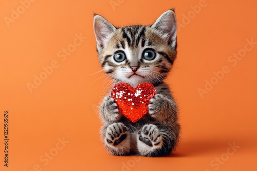 Promotion visual idea. Cute toyger feline infant with sparkling rhinestones red heart - emblem of love, funny greeting card. Toyger - my preferred cat. Valentine's day pet art. Kitten and love. photo