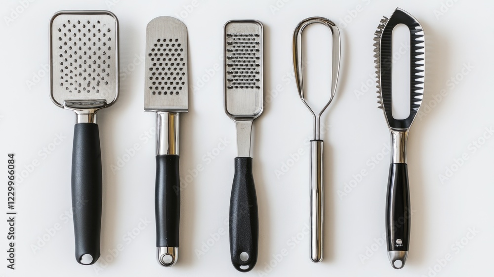 A set of electric kitchen tools including a grater, peeler, and slicer on a white background. A set of electric kitchen tools including a grater, peeler, and slicer on a white background.