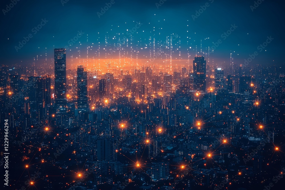 City skyline with digital lines and data points extending to the horizon, representing smart urban engineering technology, in a blue background with high-definition photographic style. City skyline with digital lines and data points extending to the horizon, representing smart urban engineering technology, in a blue background with high-definition photographic style.
