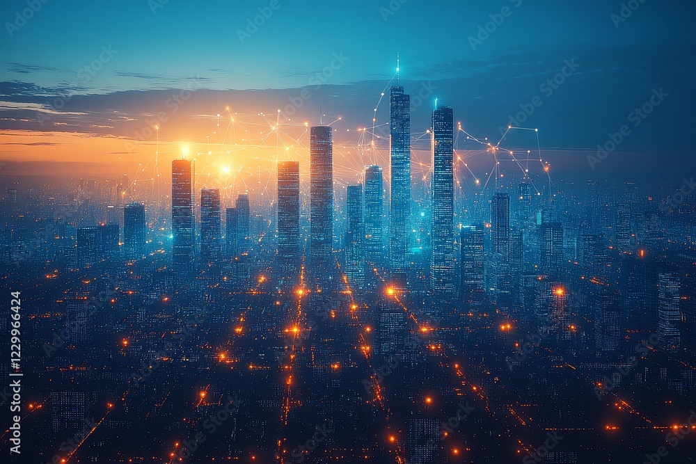 Fototapeta premium City skyline with digital lines and data points extending to the horizon, representing smart urban engineering technology, in a blue background with high-definition photographic style.