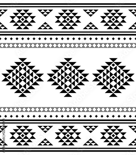 Southwest Aztec geometric Native American Mexican Navajo tribal ethnic boho indian texture ornament seamless pattern fabric black and white design vector for woven textile printing blanket rug carpet 
