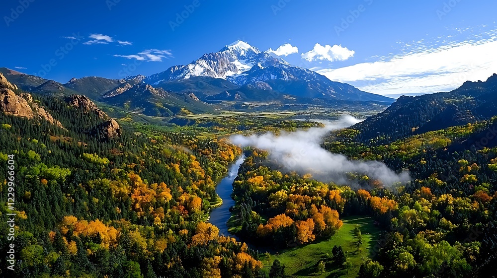 Obraz premium Majestic mountain, autumn valley river, sunrise fog, scenic landscape, travel poster