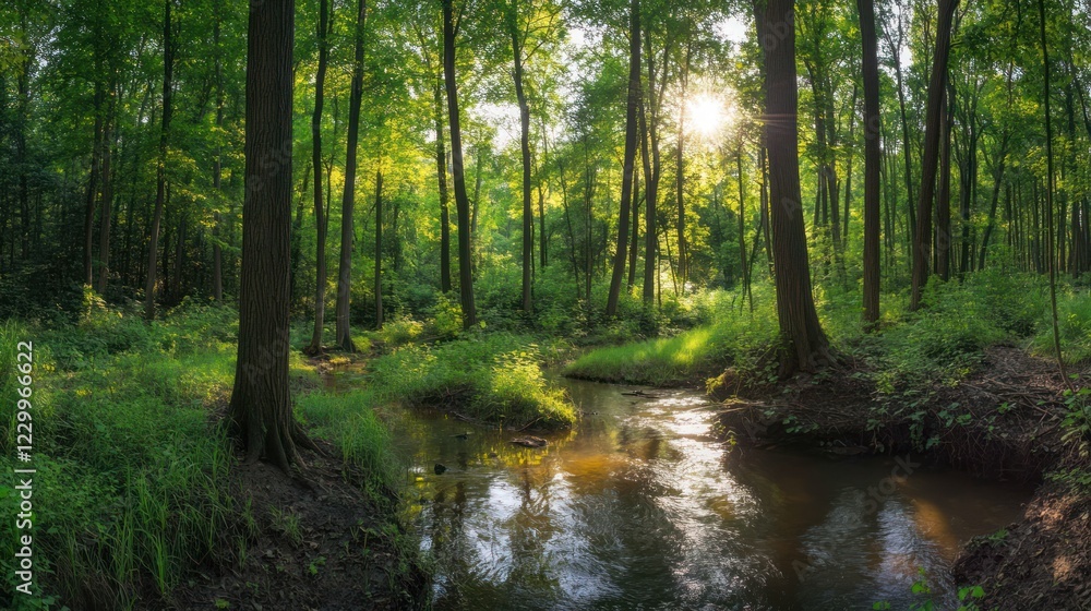 Sunlit forest stream, tranquil nature scene, summer sunlight, lush green canopy, peaceful background, ideal for nature documentaries Sunlit forest stream, tranquil nature scene, summer sunlight, lush green canopy, peaceful background, ideal for nature documentaries