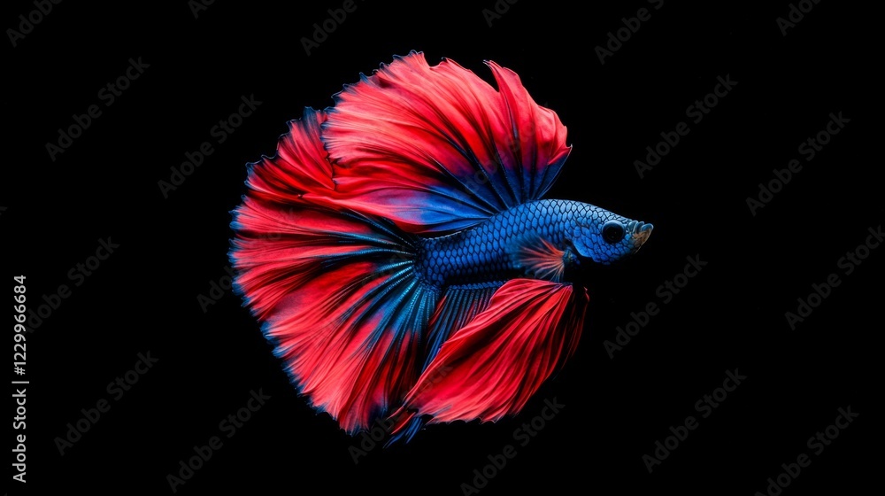 Fototapeta premium A red and blue Siamese fighting fish with its fins extended, moving elegantly through clear water, emphasizing the vivid contrast of its colors