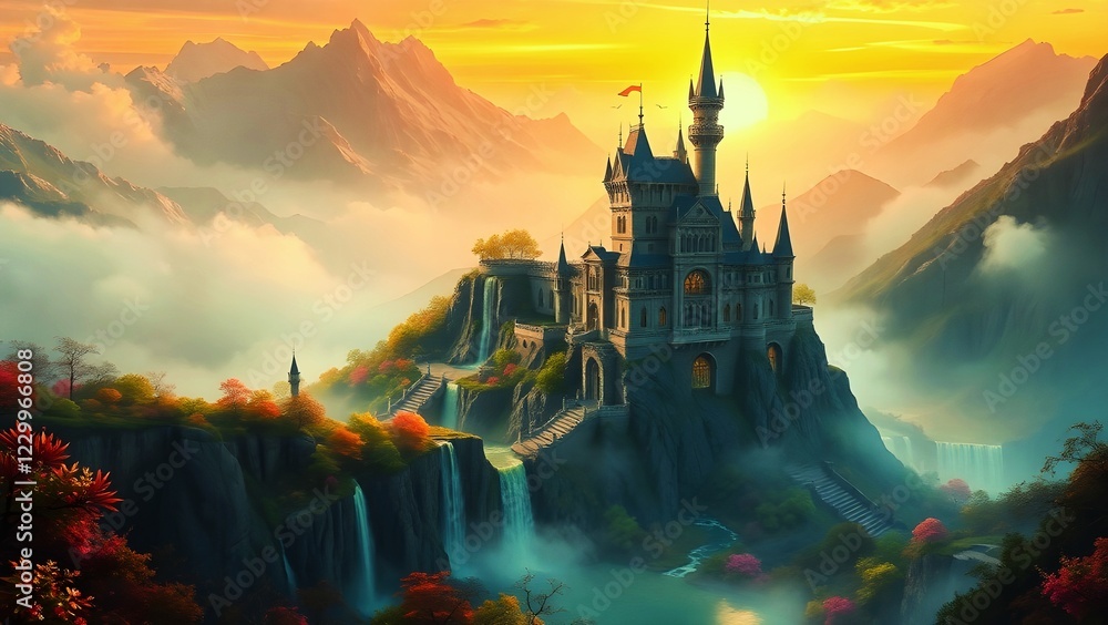 Naklejka premium A floating castle surrounded by vibrant birds flying in a dreamy pink and orange sky, creating a magical and surreal atmosphere