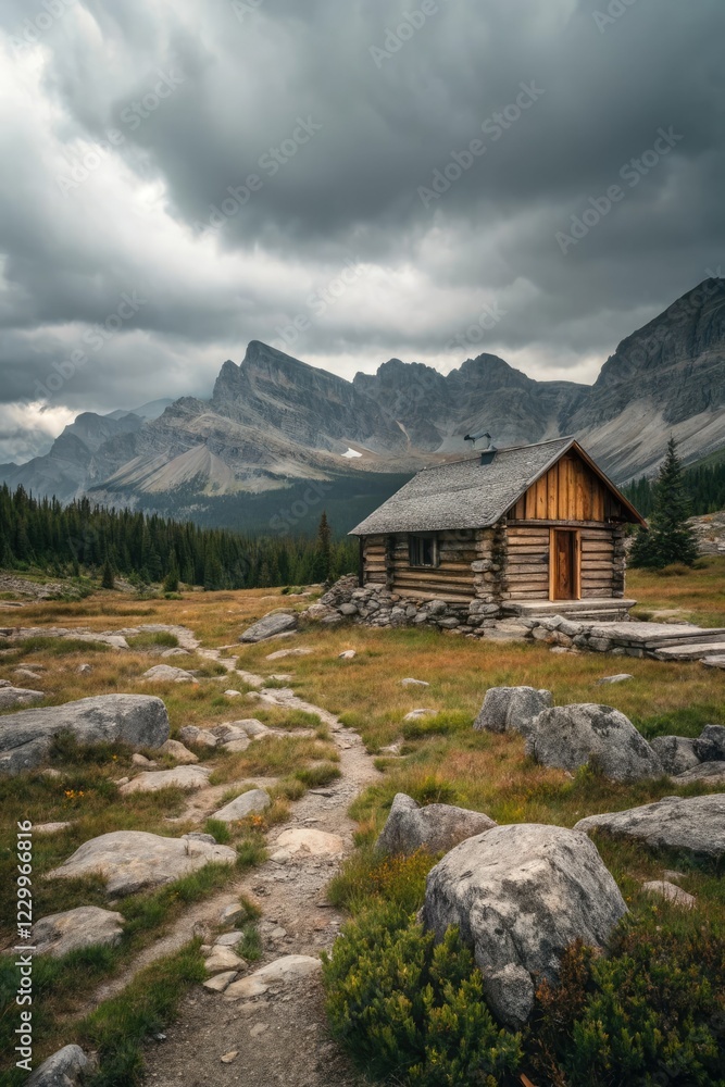 A serene mountain cabin beside a flowing stream A serene mountain cabin beside a flowing stream