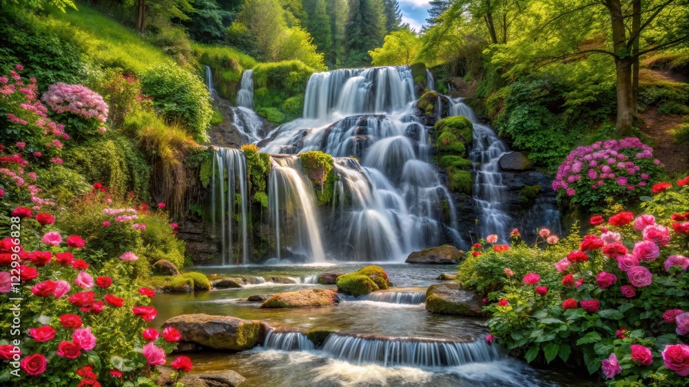 Obraz premium waterfall cascading in a lush forest surrounded by blooming roses, wildflowers, greenery