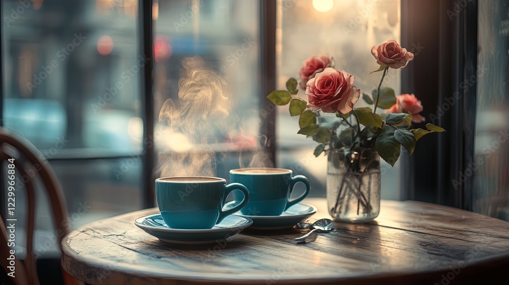 A cozy café table with two steaming cups of coffee and a small vase of roses picture A cozy café table with two steaming cups of coffee and a small vase of roses picture