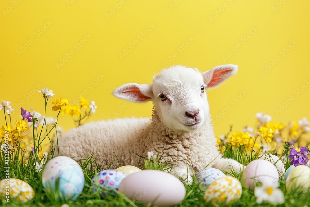 Obraz premium A white lamb resting on a grassy field surrounded by spring flowers and scattered Easter eggs