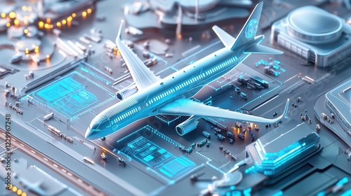 A cost-effective airline model concept, showcasing streamlined planes, digital cost graphs, and a modern airport scene, vibrant and efficient design