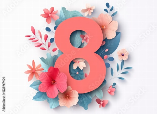 number 8 with floral elements, set against a white background for International Women's Day celebration. delicate flowers or leaves growing.