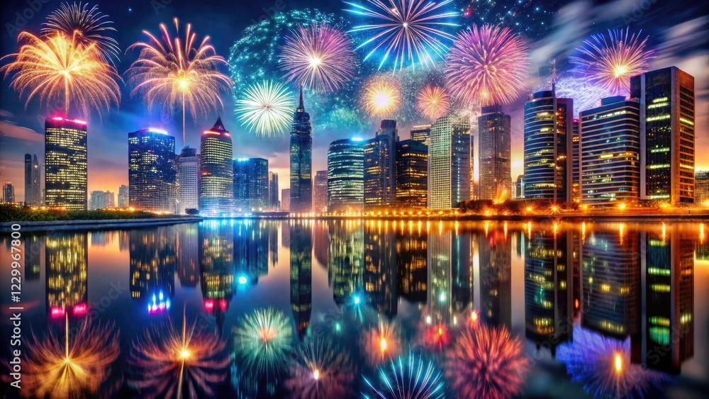 Obraz premium Spectacular fireworks illuminate stunning city architecture, a breathtaking urban nightscape.