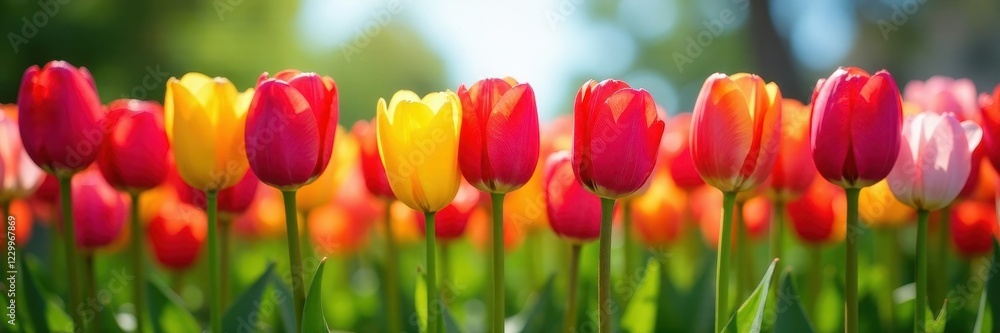 Striking row of tulips, various colors, sunny day, plant, botany Striking row of tulips, various colors, sunny day, plant, botany