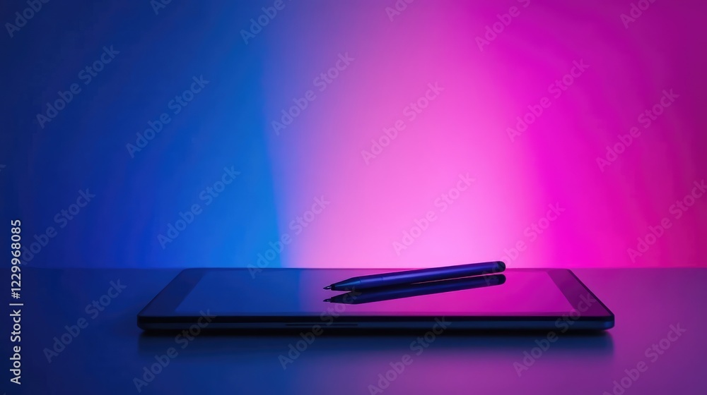 A sophisticated digital pen with a wireless tablet on a bright gradient background. A sophisticated digital pen with a wireless tablet on a bright gradient background.
