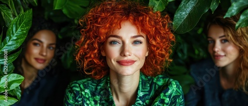 Three women with vibrant hair pose amid lush green foliage.