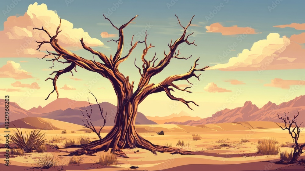 Arid Desert Landscape with Solitary Dead Tree and Mountain Vista Captures the Beauty of Desolation Arid Desert Landscape with Solitary Dead Tree and Mountain Vista Captures the Beauty of Desolation