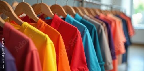 Wallpaper Mural Rows of colorful blouses cascade on wooden hangers, ready for the runway , retail, texture Torontodigital.ca