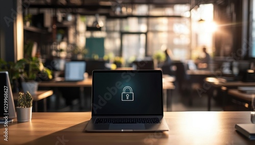 Laptop with Lock Icon Illuminated in Modern Office During Sunset