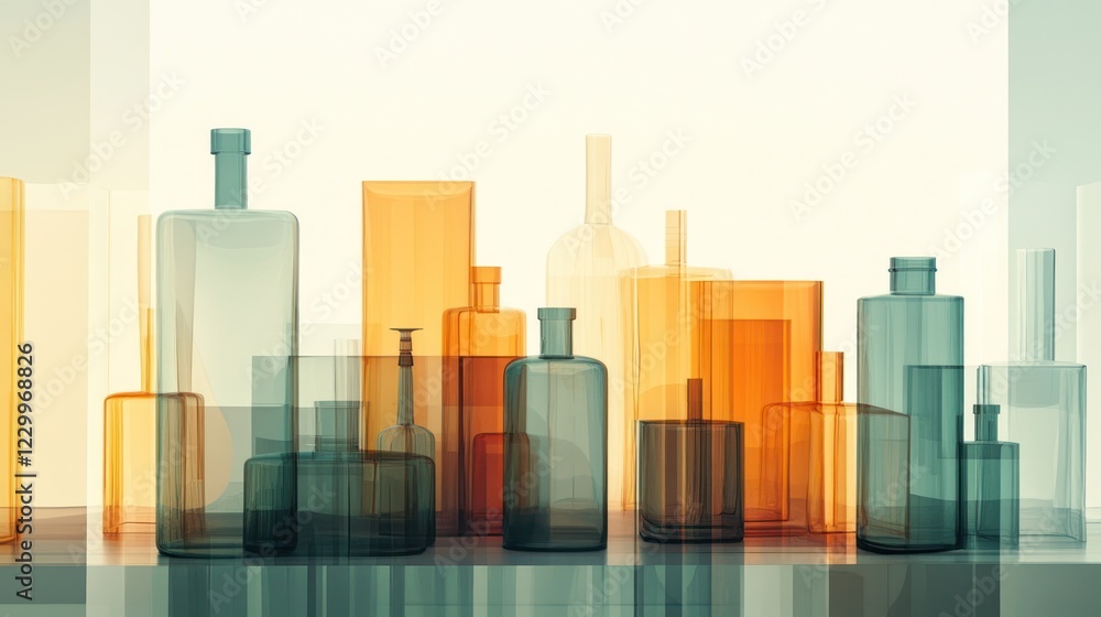Abstract glass bottles and containers in teal and amber hues. Abstract glass bottles and containers in teal and amber hues.