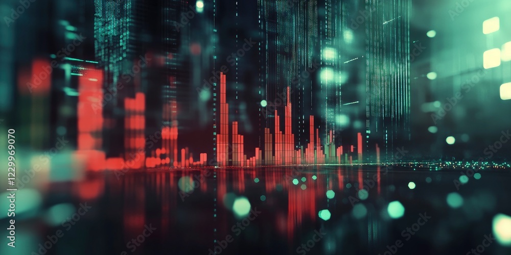 A digital stock market chart with red and green bar charts, a blurred background A digital stock market chart with red and green bar charts, a blurred background