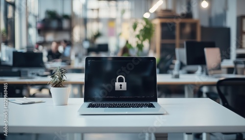 Modern Office Workspace with Locked Laptop and Potted Plant