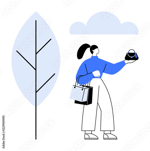 Young woman with ponytail holding shopping bags and examining a small purse. Simple, minimalist style with a large leaf and cloud. Ideal for shopping, consumerism, fashion, retail therapy, lifestyle