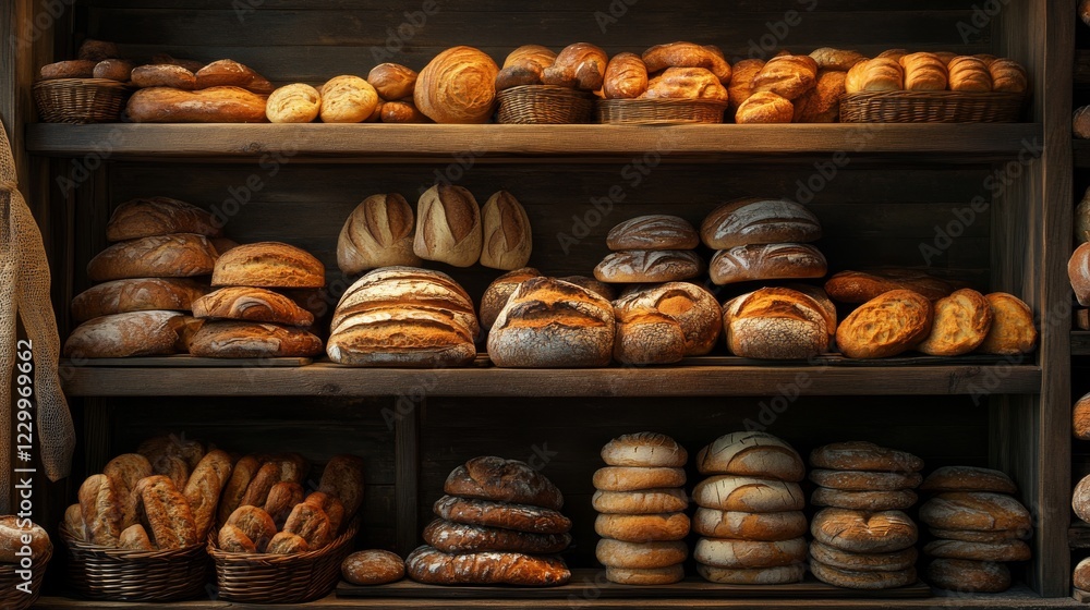 Bakery shop with assortment of bread on shelves. High quality photo Bakery shop with assortment of bread on shelves. High quality photo