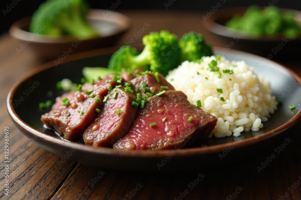 Tender beef, vibrant broccoli, fluffy rice, fragrant herbs on wood , dinner, visual Tender beef, vibrant broccoli, fluffy rice, fragrant herbs on wood , dinner, visual