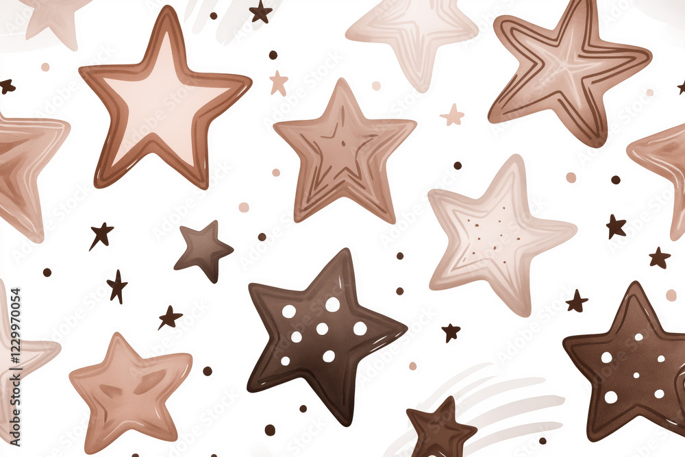 Mocha mousse, brown decorative stars pattern. Various star shapes and sizes scattered on white background. Soft colors and playful design Mocha mousse, brown decorative stars pattern. Various star shapes and sizes scattered on white background. Soft colors and playful design