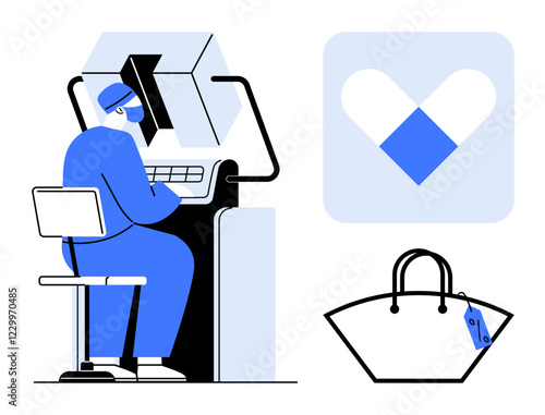 Pharmacist preparing medication at a workstation, heart-shaped health symbol, shopping bag with price tag. Ideal for healthcare, pharmacy, e-commerce, medical services, shopping, online sales