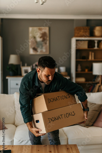 The smiling man is holding and packing boxes with gently used clothes for charity.