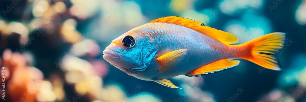 A vibrant blue fish with orange accents swims gracefully through a colorful coral reef, showcasing the beauty of marine life. A vibrant blue fish with orange accents swims gracefully through a colorful coral reef, showcasing the beauty of marine life.