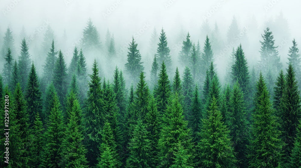 Fototapeta premium Lush Evergreen Forest Surrounded by Misty Fog in Morning Light
