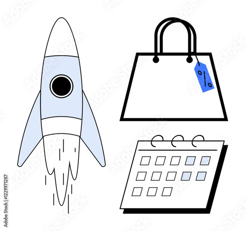 Rocket launching, shopping bag with price tag, and calendar with flipped page highlighting innovation, ecommerce, and time management. Ideal for startups, retail strategy, event planning