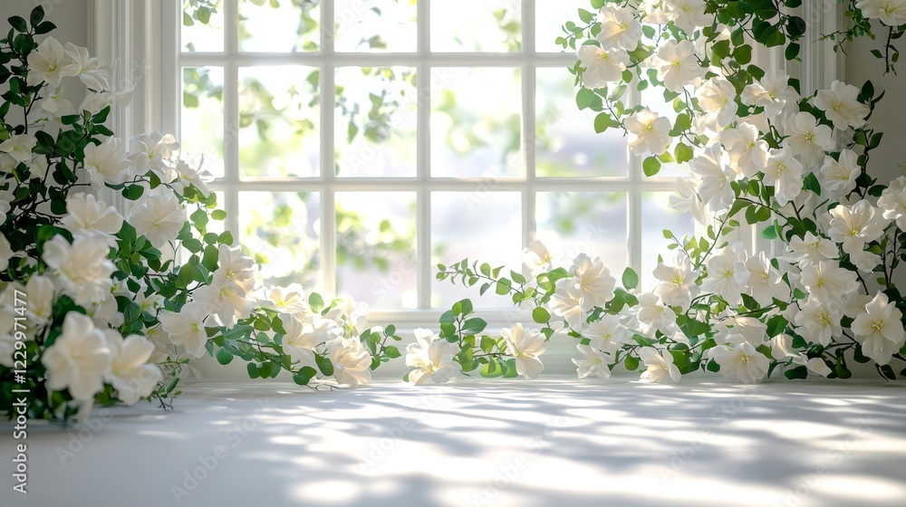 Fototapeta premium Floral decoration by sunny window bright room nature photography peaceful atmosphere soft light
