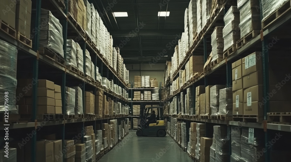 An indoor warehouse aligned on the floor while the forklift is operating, surrounded by warm industrial lighting. An indoor warehouse aligned on the floor while the forklift is operating, surrounded by warm industrial lighting.