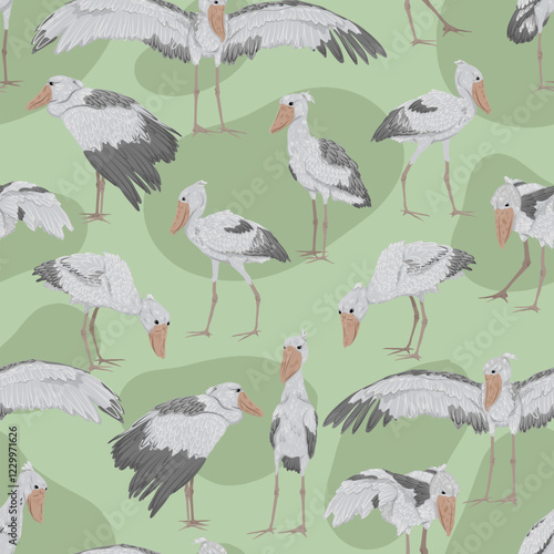 Seamless pattern with Shoebill Balaeniceps rex. Realistic large water bird