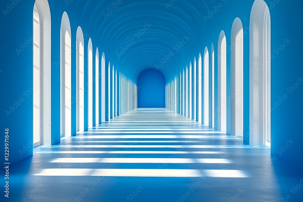 3D rendering of white vertical stripes in front view on a blue background, minimalistic interior design, modern architecture, open space concept. 3D rendering of white vertical stripes in front view on a blue background, minimalistic interior design, modern architecture, open space concept.