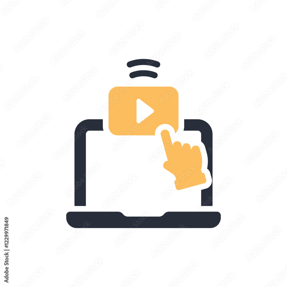 Fototapeta premium This vector icon illustrates ondemand video streaming, showing a laptop with a play button and a clicking hand gesture, highlighting user interaction and engagement in digital entertainment