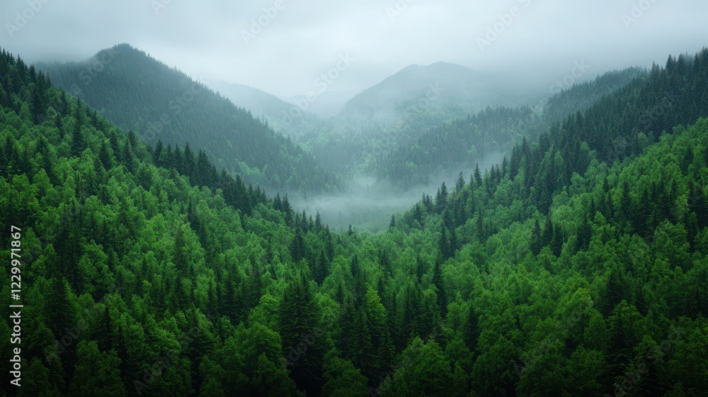 Naklejka premium Misty Green Mountains Surrounded by Lush Forests and Fog