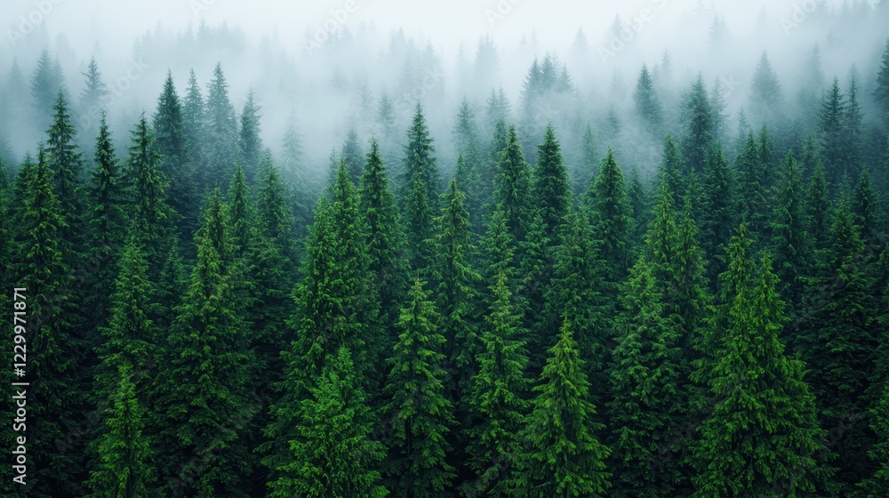 Lush Green Evergreen Forest Surrounded by Mysterious Fog Lush Green Evergreen Forest Surrounded by Mysterious Fog