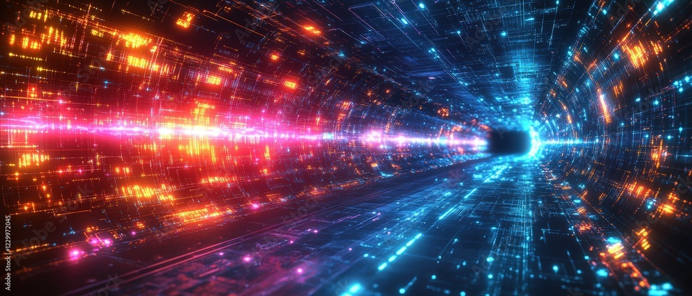Tunnel illuminated with vibrant neon lights against a dark background creating a futuristic atmosphere Tunnel illuminated with vibrant neon lights against a dark background creating a futuristic atmosphere