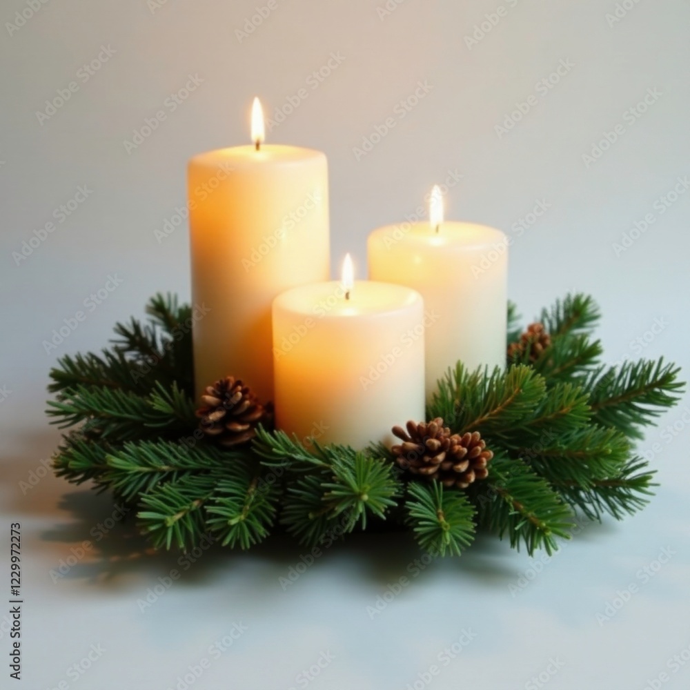 Twinkling candles nestled among natural pine garland, minimalist, holiday Twinkling candles nestled among natural pine garland, minimalist, holiday