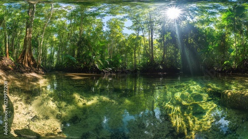 Sunlit jungle river, clear water, lush vegetation, tranquil scene, nature backdrop
