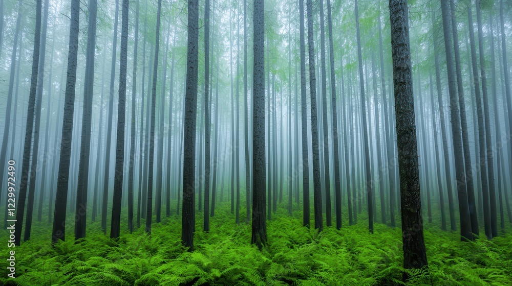 Misty Forest with Lush Green Ferns and Tall Trees in Morning Light Misty Forest with Lush Green Ferns and Tall Trees in Morning Light