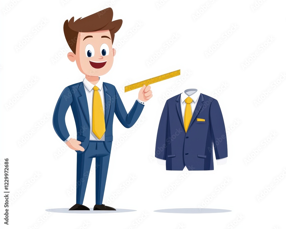 Cartoon Character Measuring Suit with Ruler in Business Attire Cartoon Character Measuring Suit with Ruler in Business Attire