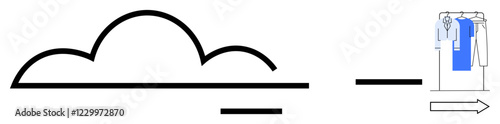 Cloud connected to wardrobe suggests digital integration and efficient clothing delivery. Ideal for e-commerce, fashion, logistics, technology, retail, cloud computing, supply chain management. Line
